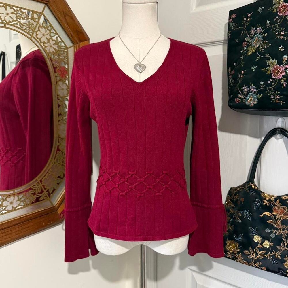 VTG Y2K Giorgio Fiorlini Dark Red Long Bell Sleeve Braided Ribbed Sweater Top S - Picture 3 of 8